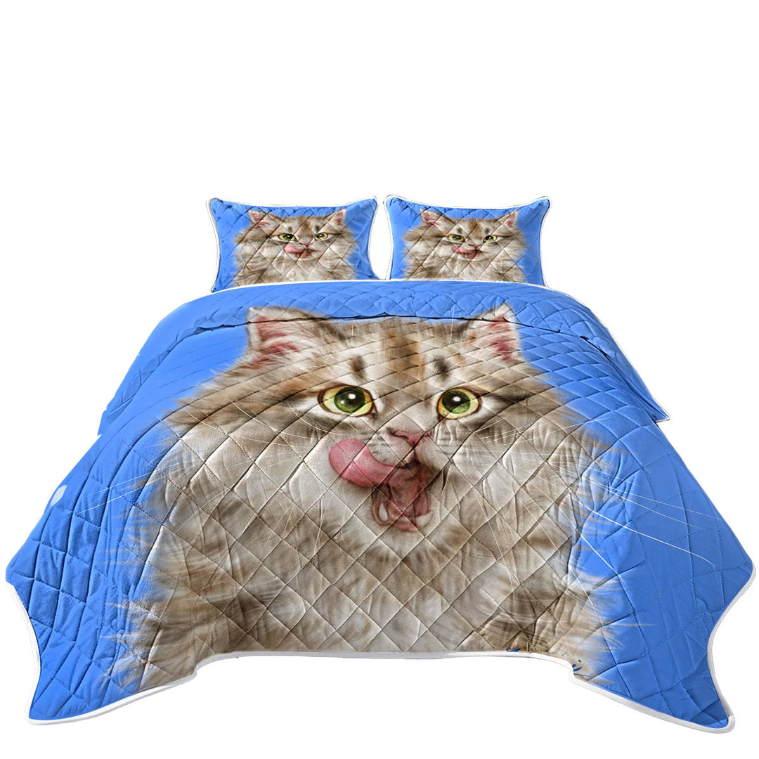 Quilt with Cats Cute and Funny Art Hungry Furry Kitten