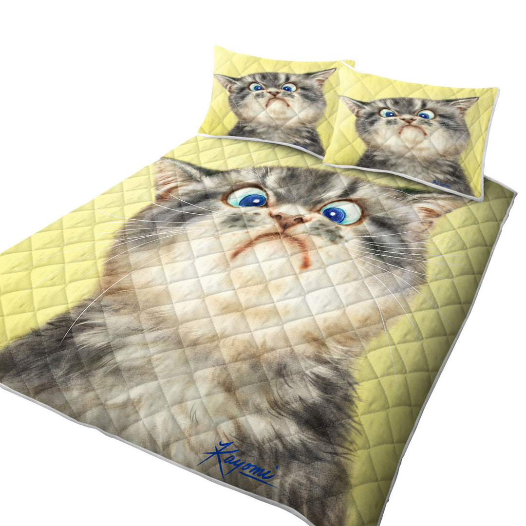 Quilt with Cats Cute and Funny Faces Unhappy Grey Kitten