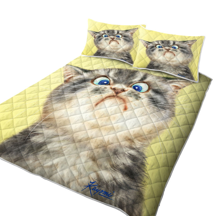 Quilt with Cats Cute and Funny Faces Unhappy Grey Kitten