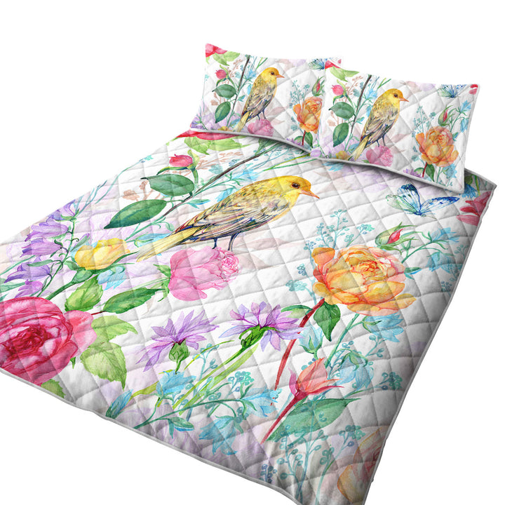 Quilt with Colorful Flowers and Bird