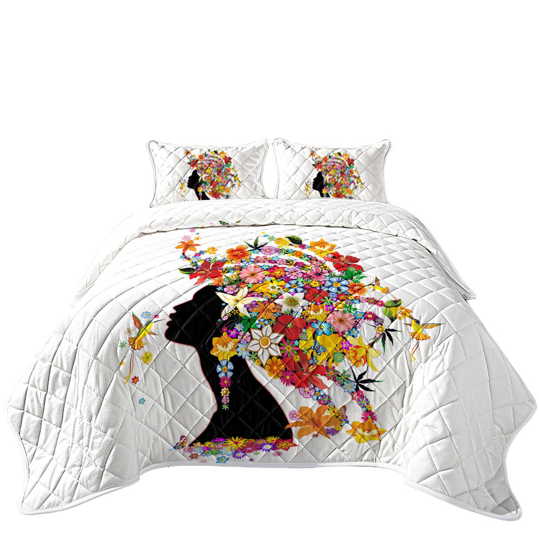 Quilt with Colorful Tropical Flower Girl and Hummingbirds