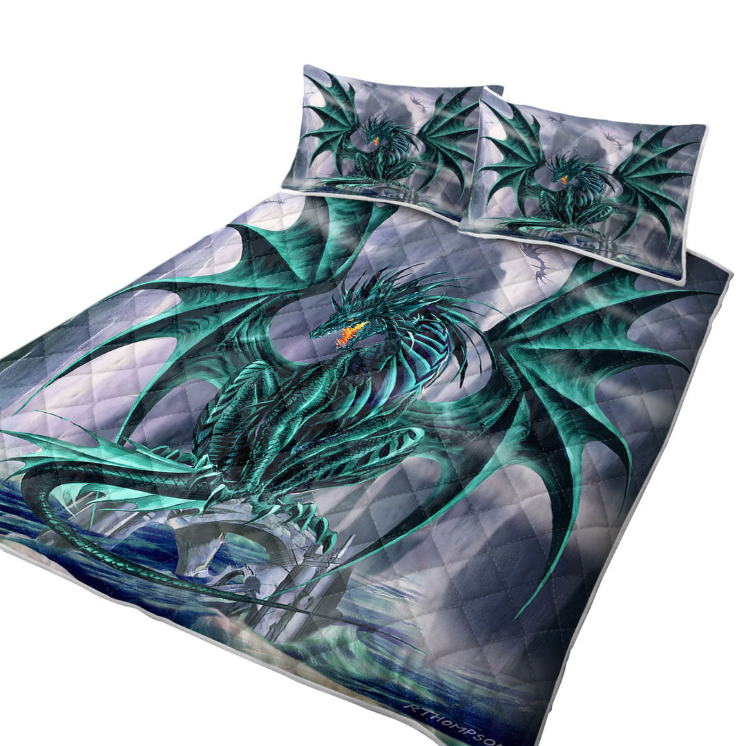 Quilt with Cool Fantasy Design Ocean Cliff Jade Dragon