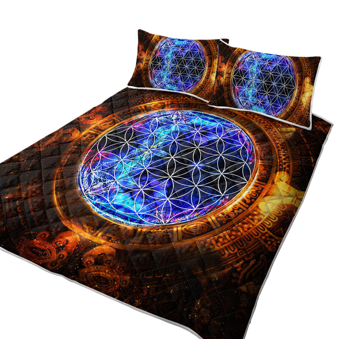 Quilt with Cool Golden Blue Ancient Illusion
