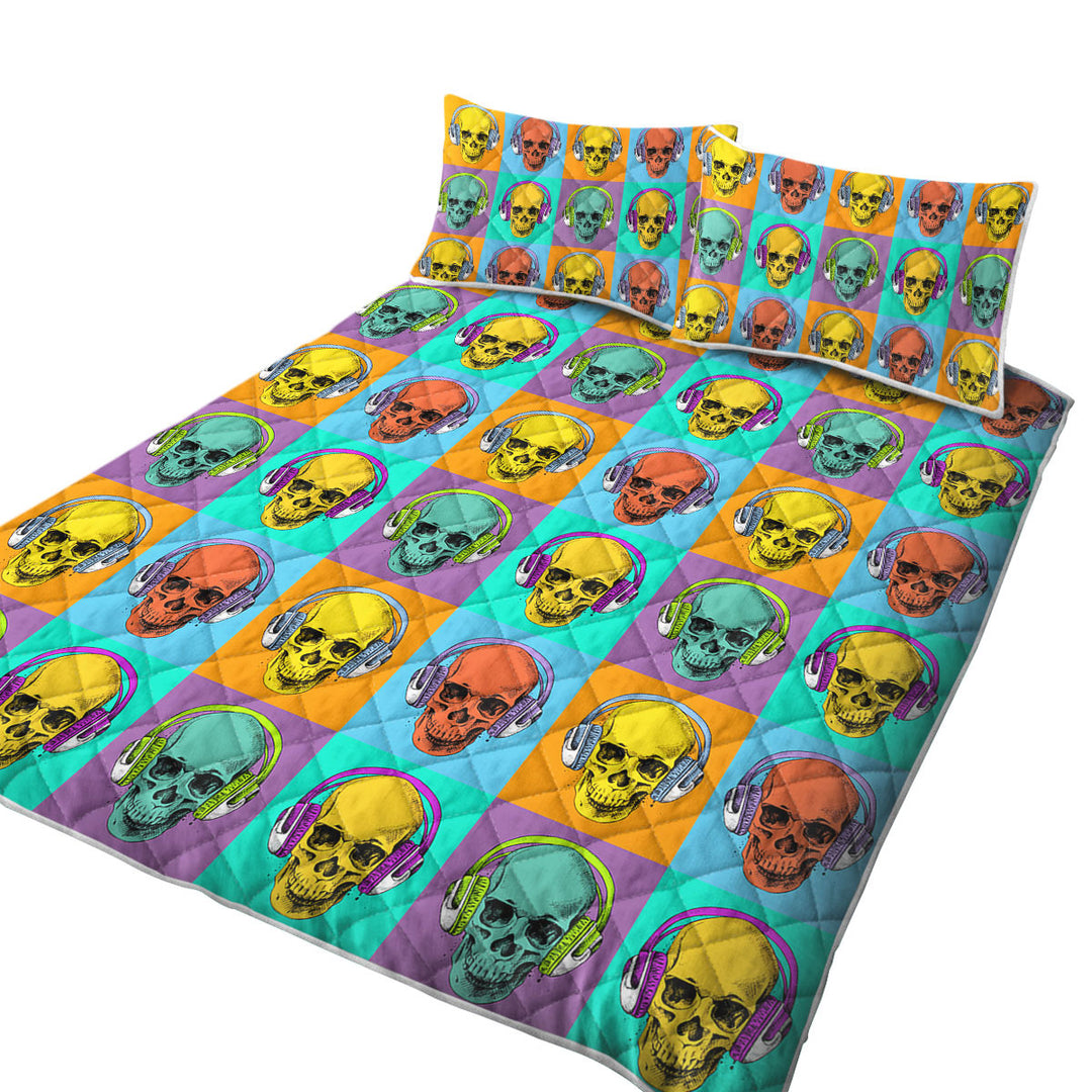Quilt with Cool Multi Colored Panel of Hipster Skulls