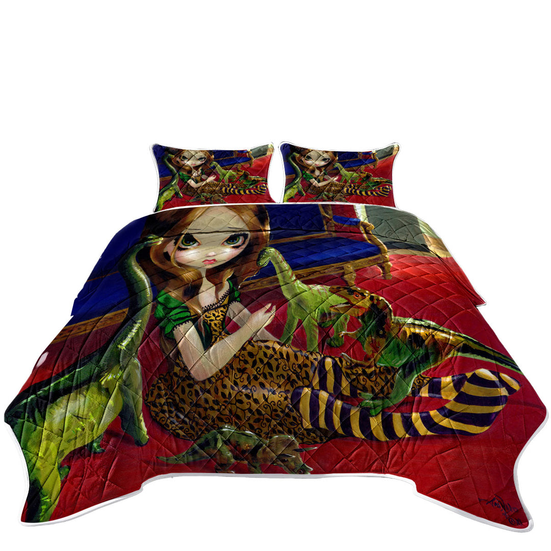 Quilt with Cool Painting Cute Girl and Dinosaur Friends