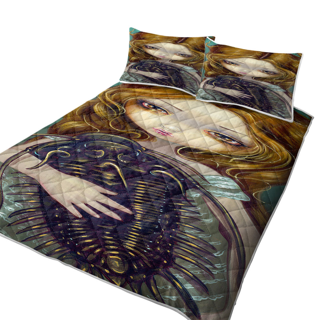 Quilt with Crazy Art Beautiful Blond Girl with Pet Trilobite