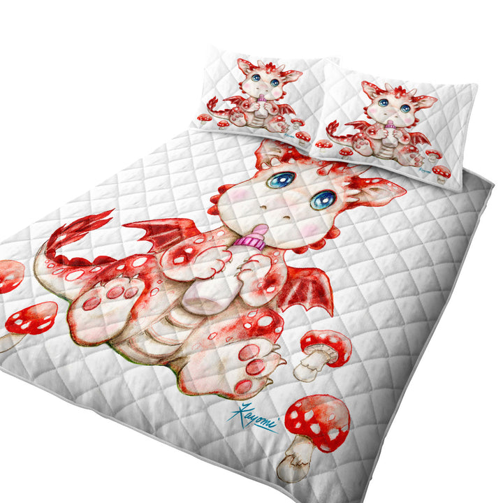 Quilt with Cute Art for Kids Red Mushrooms and Dragon