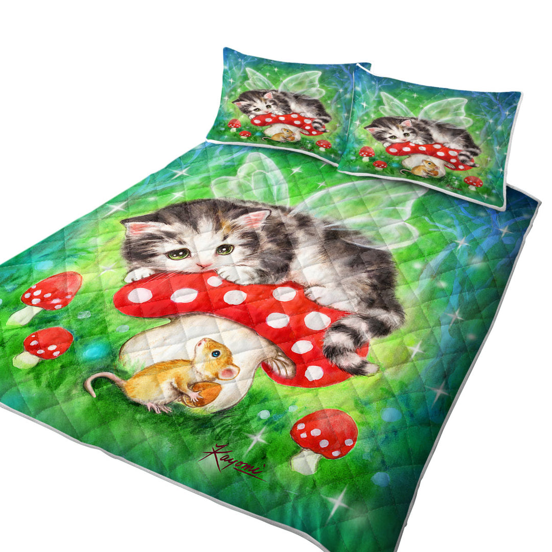 Quilt with Cute Fantasy Cat Art Kitten Fairy on Mushroom