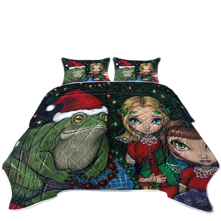 Quilt with Cute Holiday Christmas Painting Girls and Santa Frog