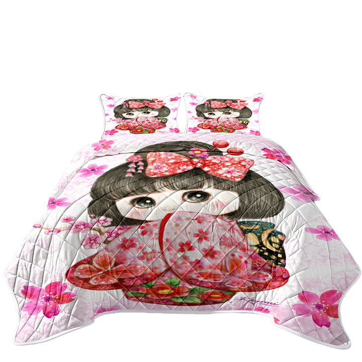 Quilt with Cute Japanese Kimono Cherry Flowers Girl