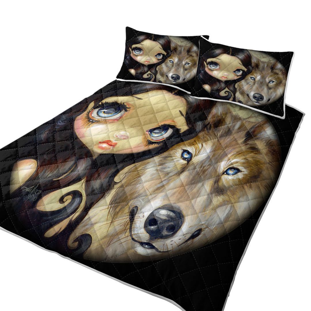 Quilt with Dark Haired Beautiful Girl and Silver Eyed Wolf