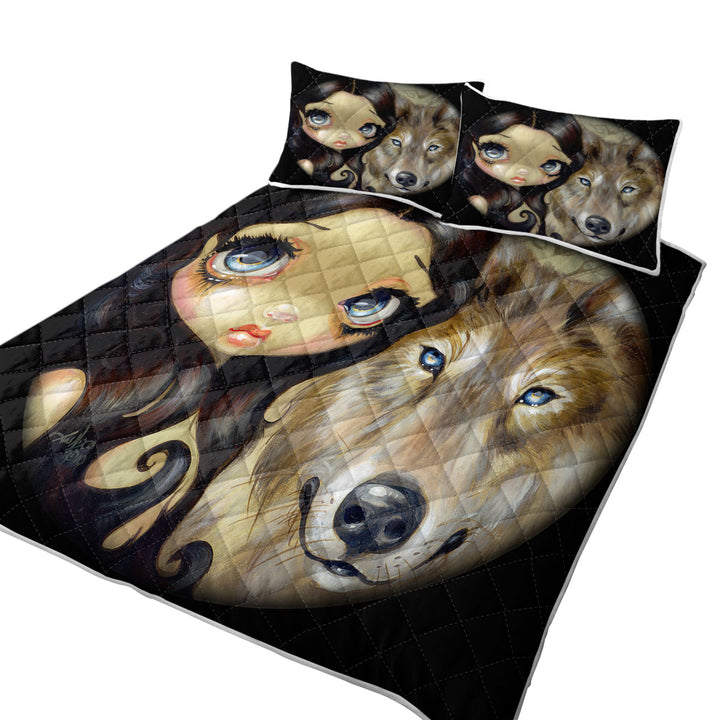 Quilt with Dark Haired Beautiful Girl and Silver Eyed Wolf