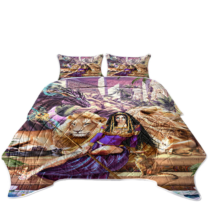 Quilt with Egyptian Art Lions Dragon and Princess Cleopatra