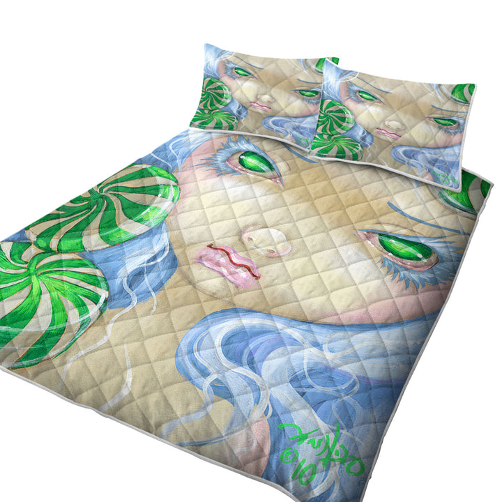 Quilt with Faces of Faery _85 Green Girl with Peppermint Candy