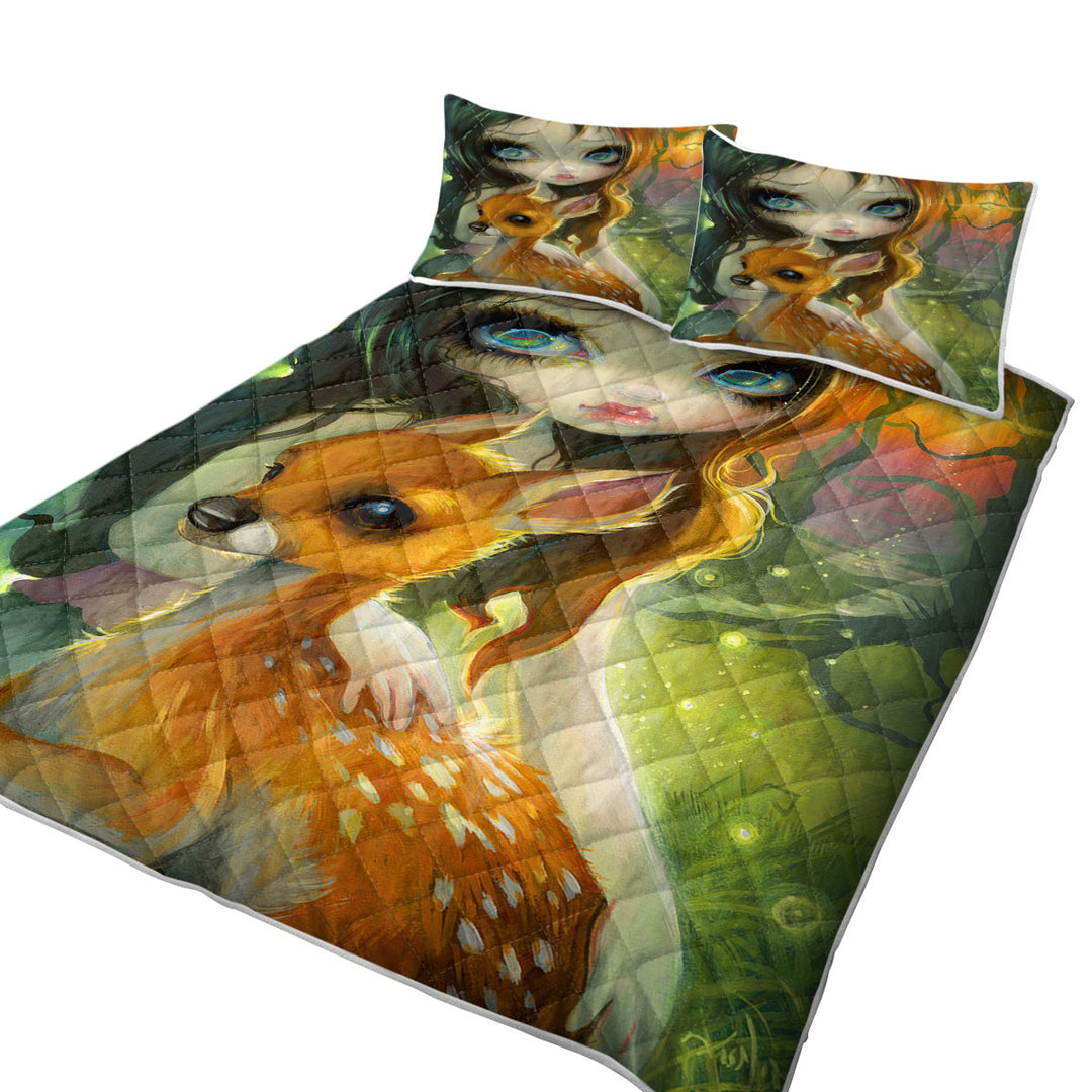 Quilt with Fairytale Art Brother and Sister Deer and Girl