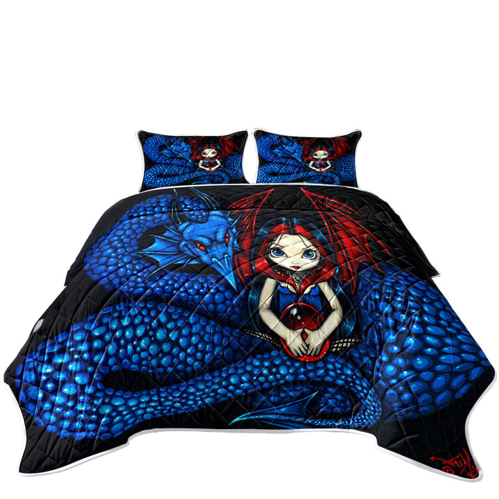 Quilt with Fantasy Blue Serpent Dragon and Fairy