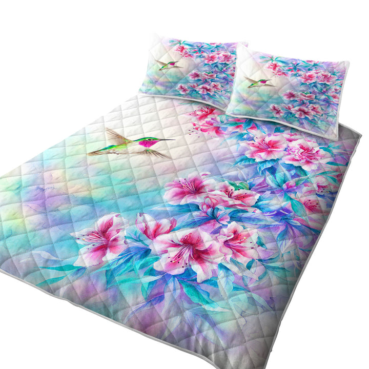 Quilt with Flower Art Pinkish Hibiscus and Hummingbird