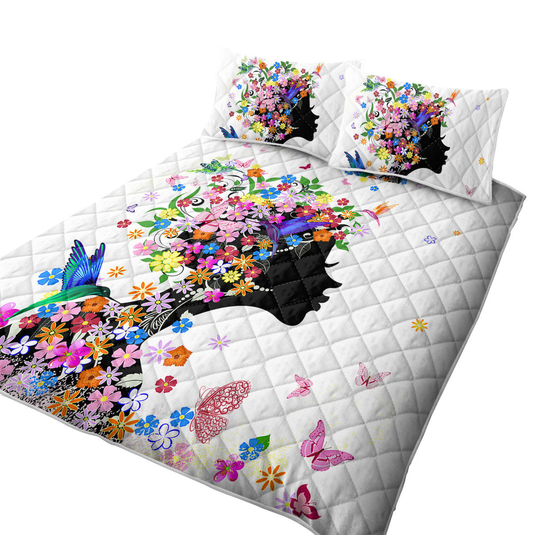 Quilt with Flower Girl and Hummingbirds