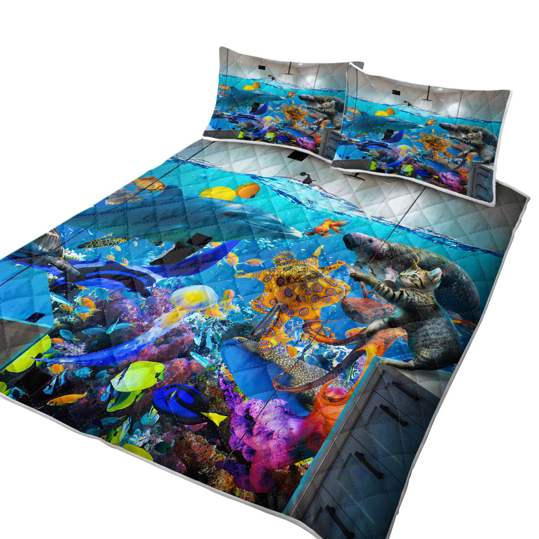 Quilt with Funny Artwork Crazy Shower Room Marine Life and Cat