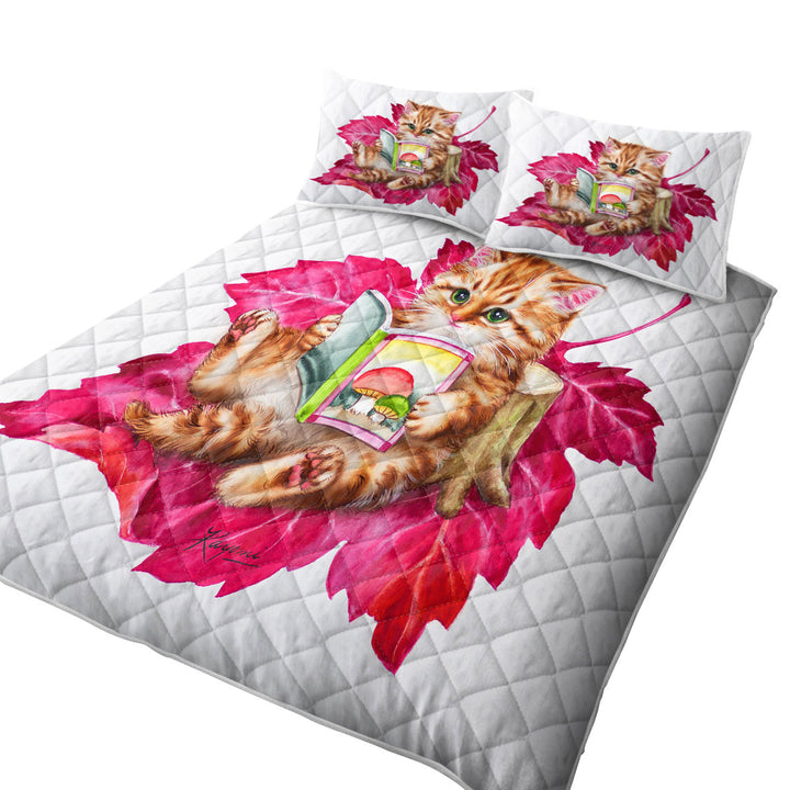 Quilt with Funny Cat Ginger Kitten Reading a Book on Leaf