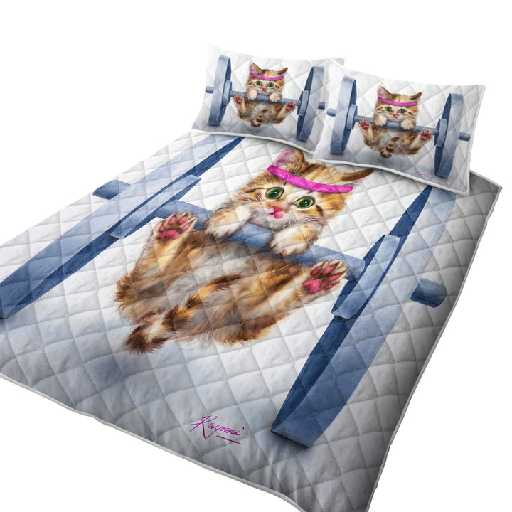 Quilt with Funny Cute Cat Lifting Weights Kitten