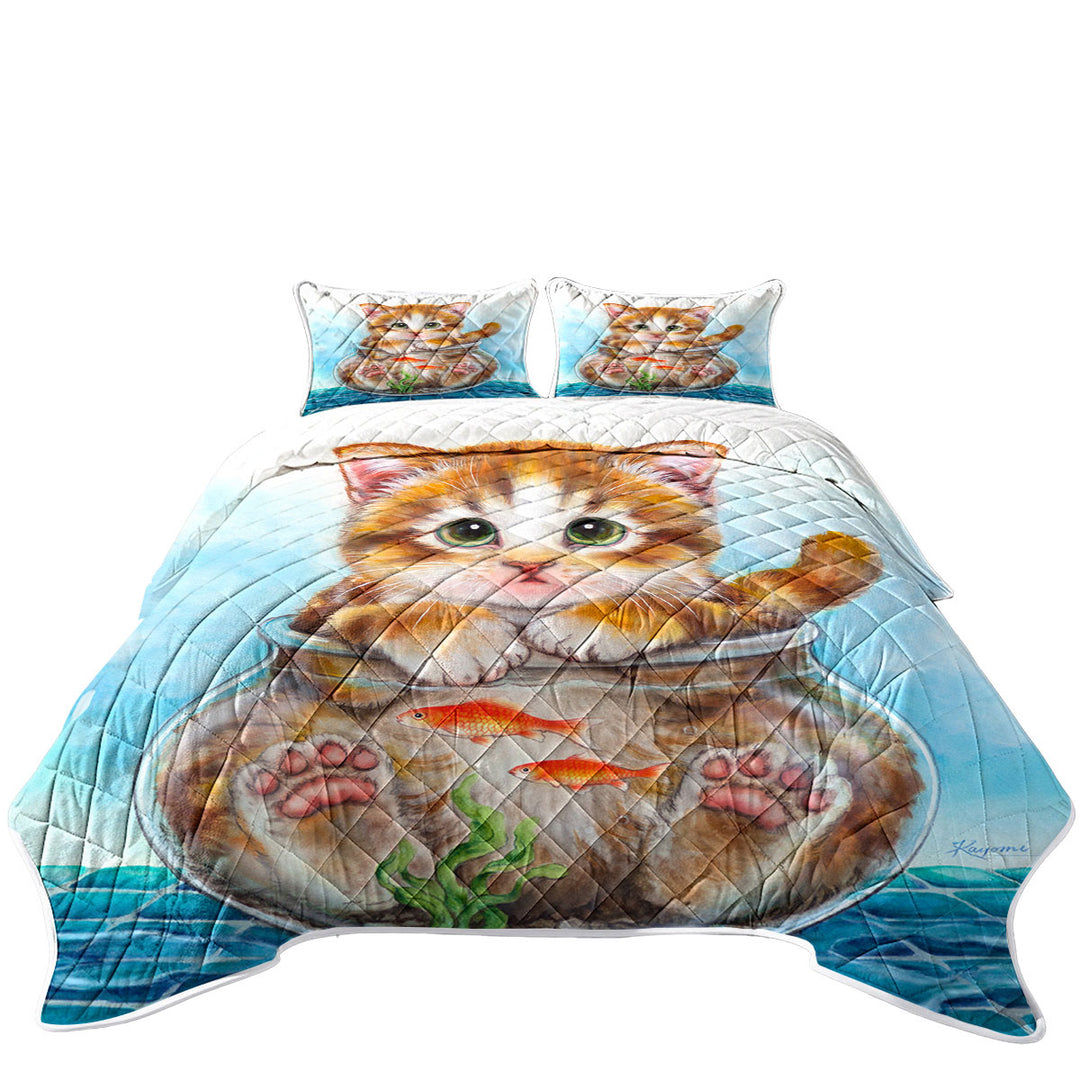 Quilt with Funny Cute Cats Design Ginger Kitten in Fish Bowl