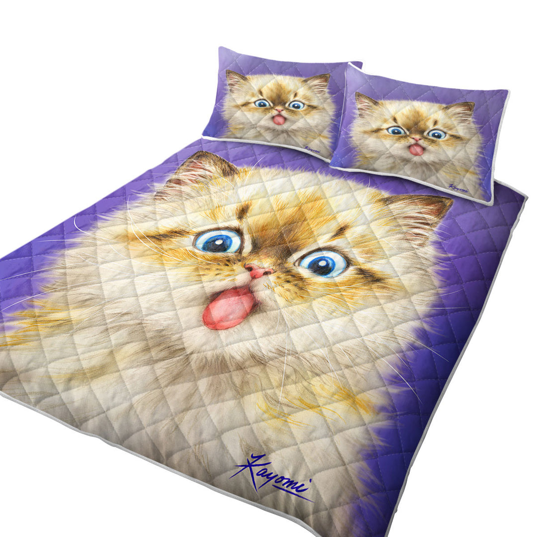 Quilt with Funny Fool Face Kitten Cat with Tongue Out