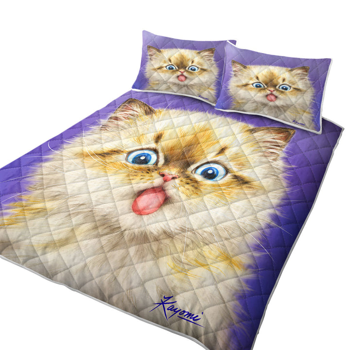 Quilt with Funny Fool Face Kitten Cat with Tongue Out