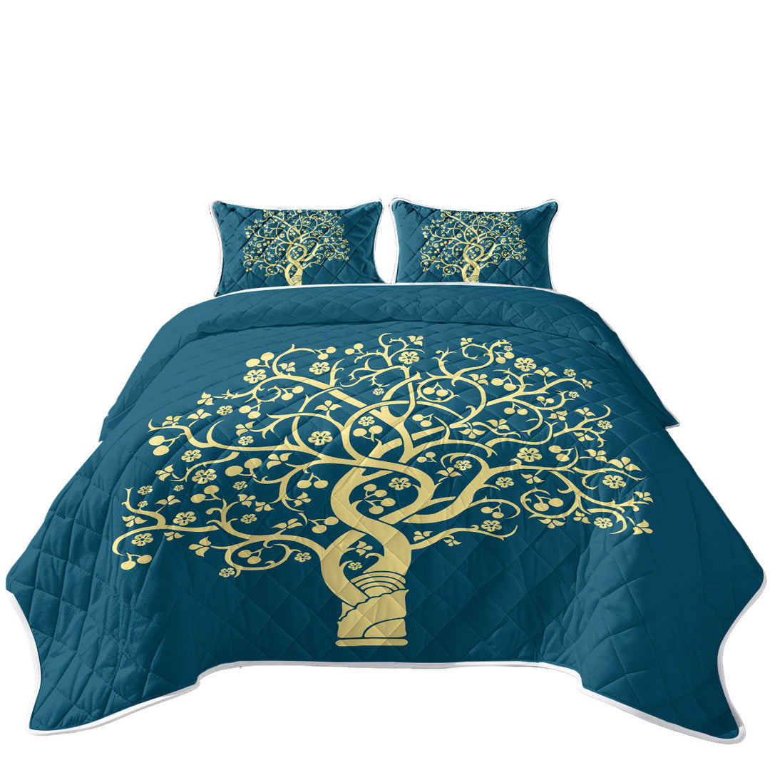 Quilt with Golden Yellow Tree over Blue