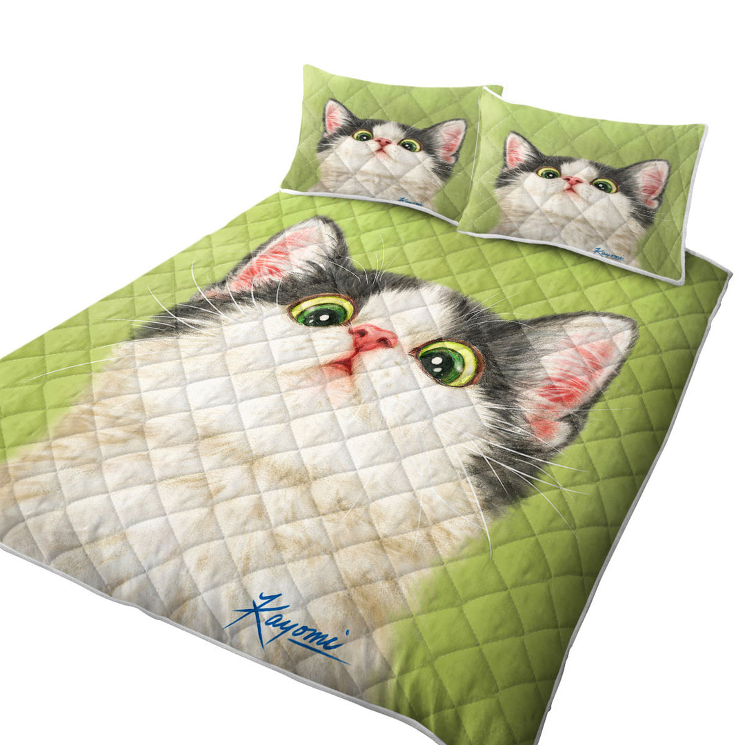 Quilt with Green Eyes Grey White Kitten Cat