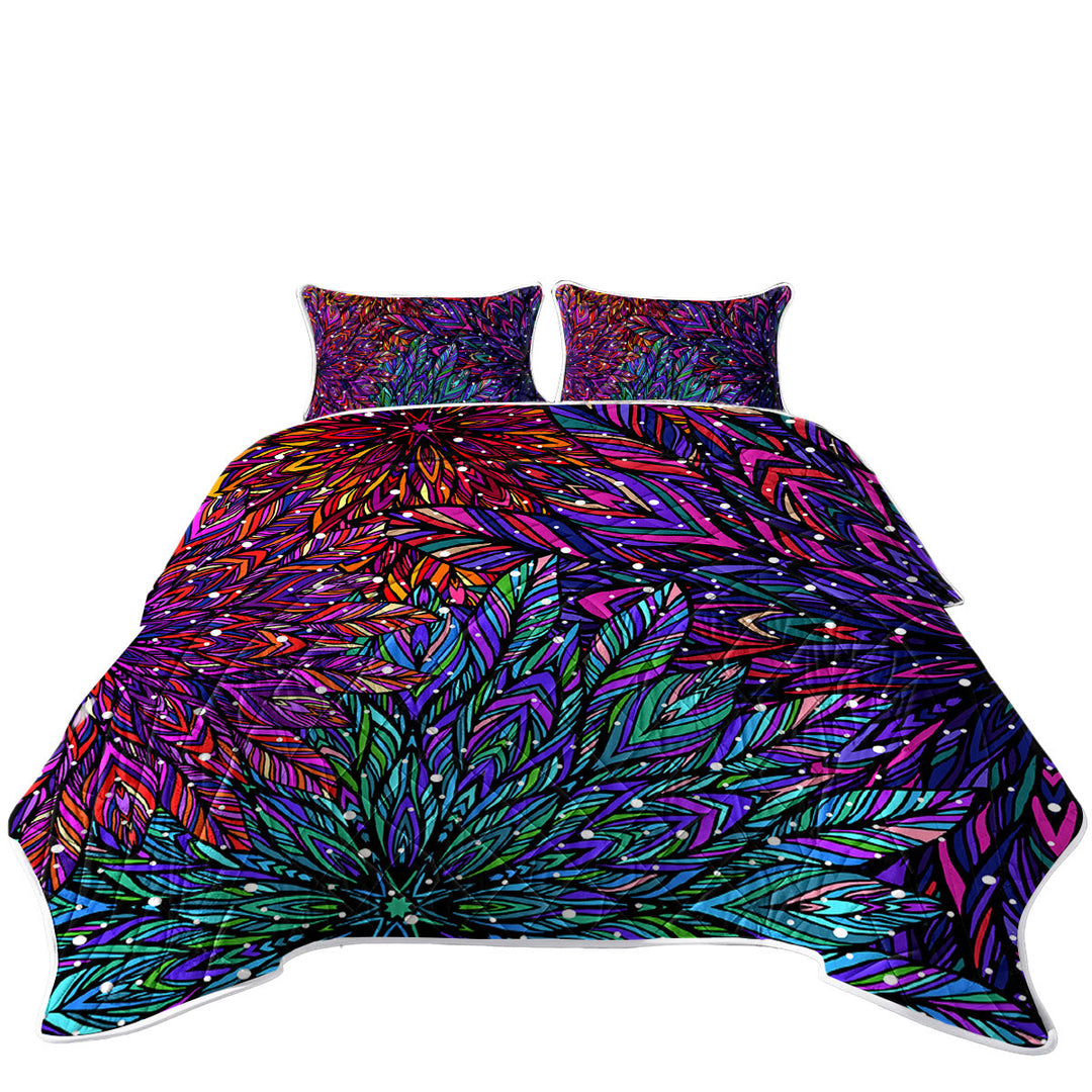 Quilt with Green Purple Artistic Feathers Design