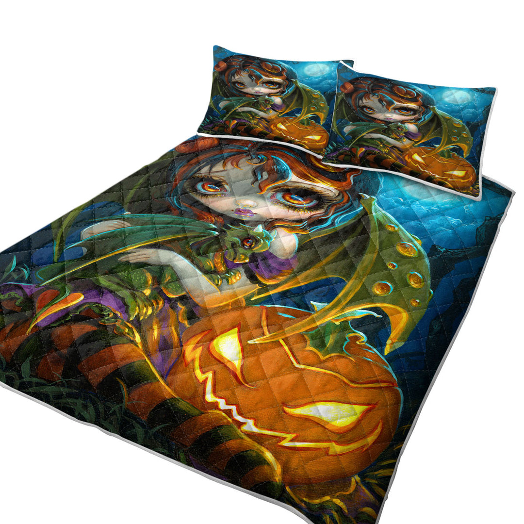 Quilt with Halloween Dragonling Scary Pumpkin and Dragon Fairy