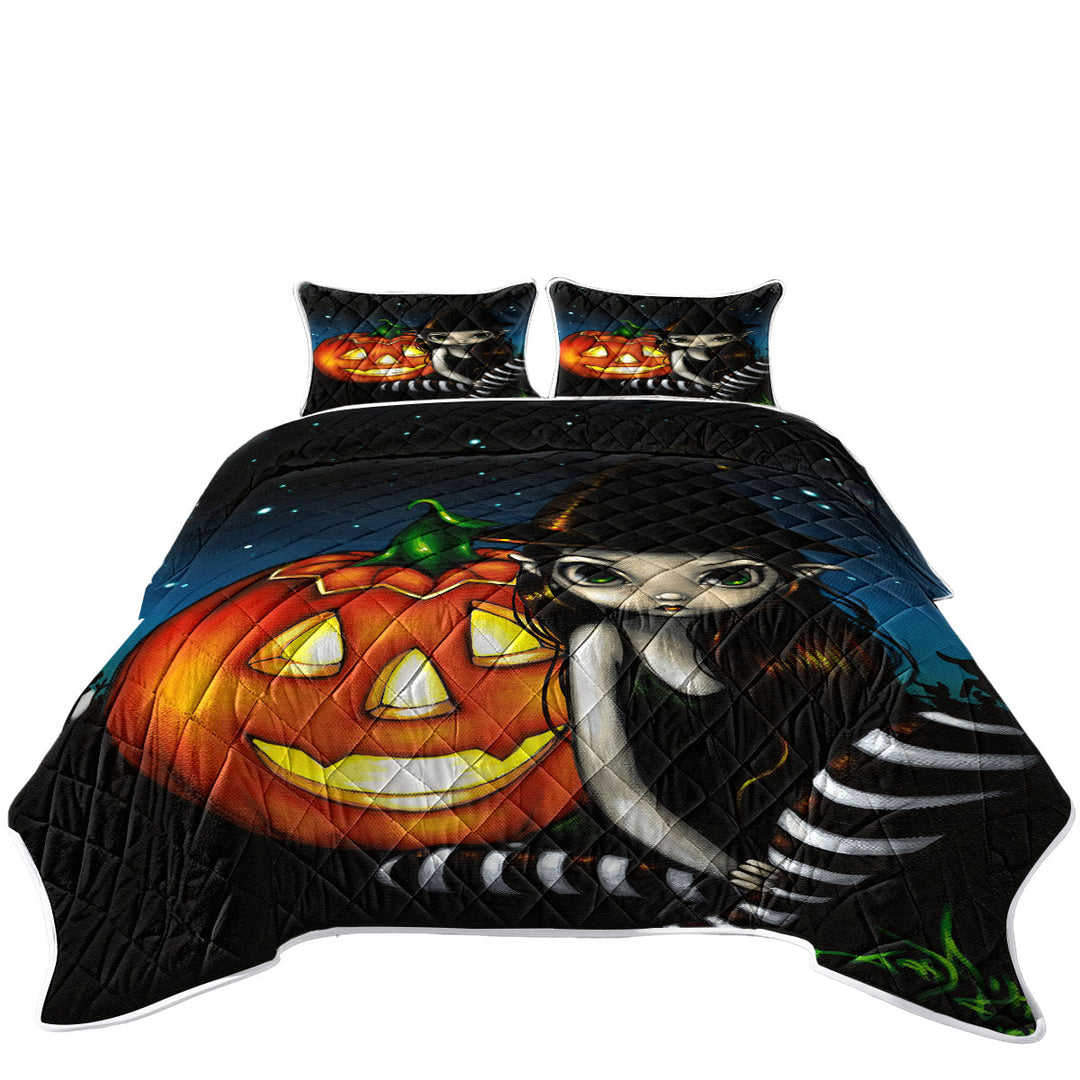 Quilt with Halloween Night Big Eyed Witch and Pumpkin