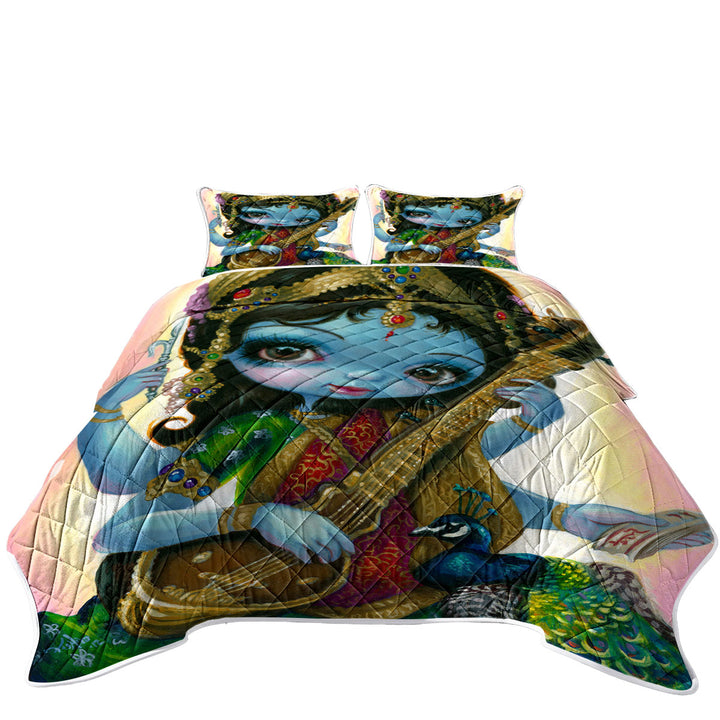 Quilt with Hindu Goddess Saraswati Playing Veena