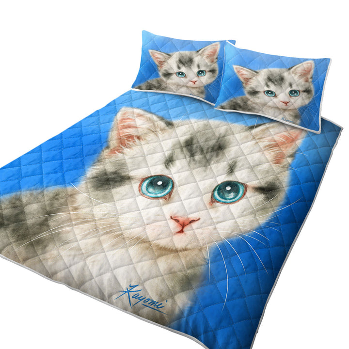 Quilt with Innocent Baby Blue Eyes Grey Kitty Cat