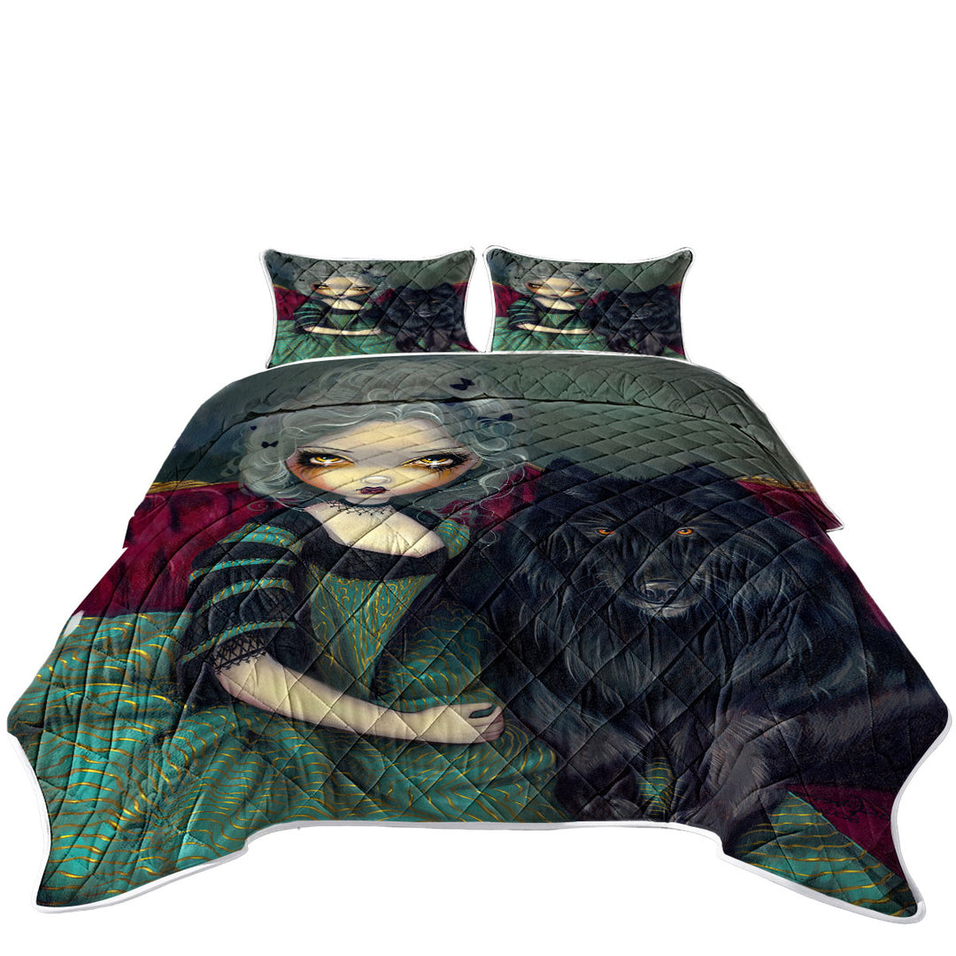 Quilt with Loup Garou Beautiful Gothic Lady and Black Wolf