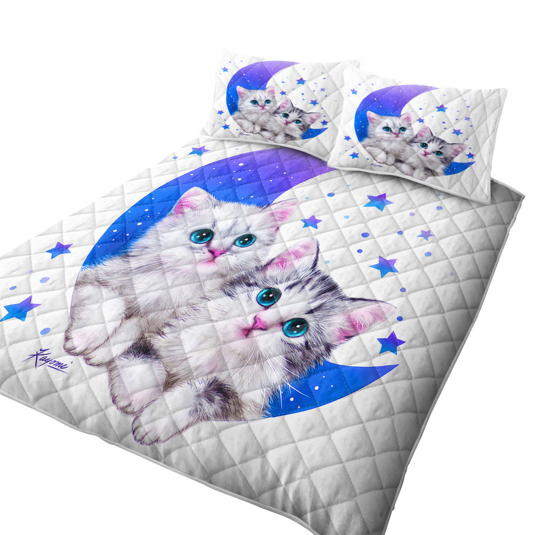 Quilt with Night Moon and Stars Sweet Grey Kittens