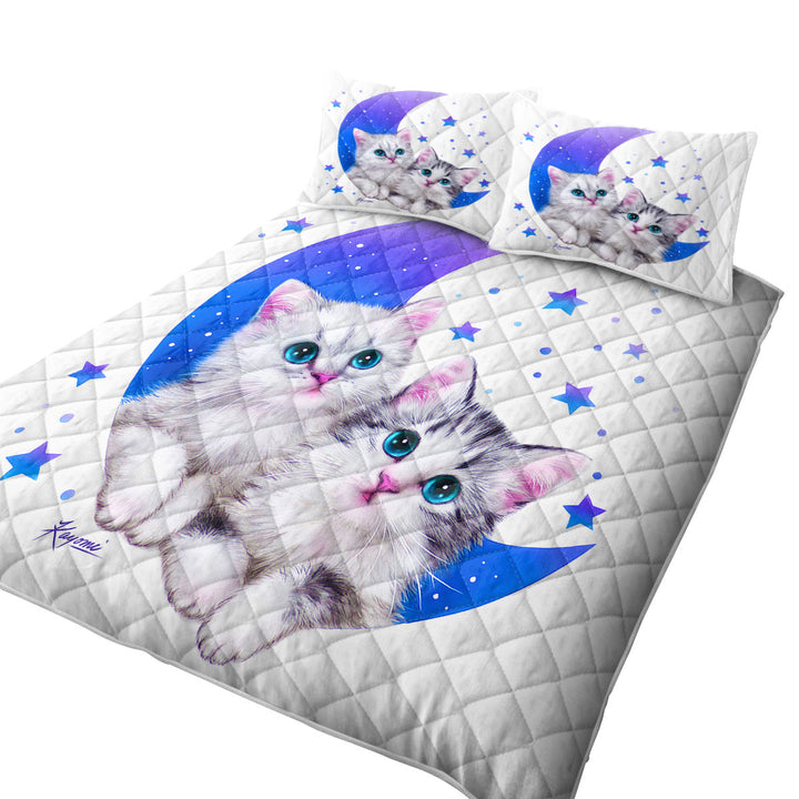 Quilt with Night Moon and Stars Sweet Grey Kittens