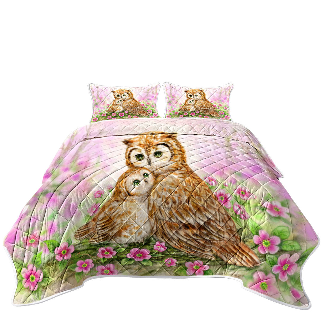 Quilt with Pink Nature and Flowers Owls Cuddle