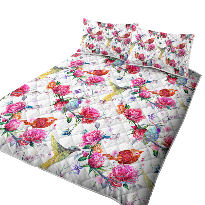 Quilt with Pink Roses and Beautiful Birds