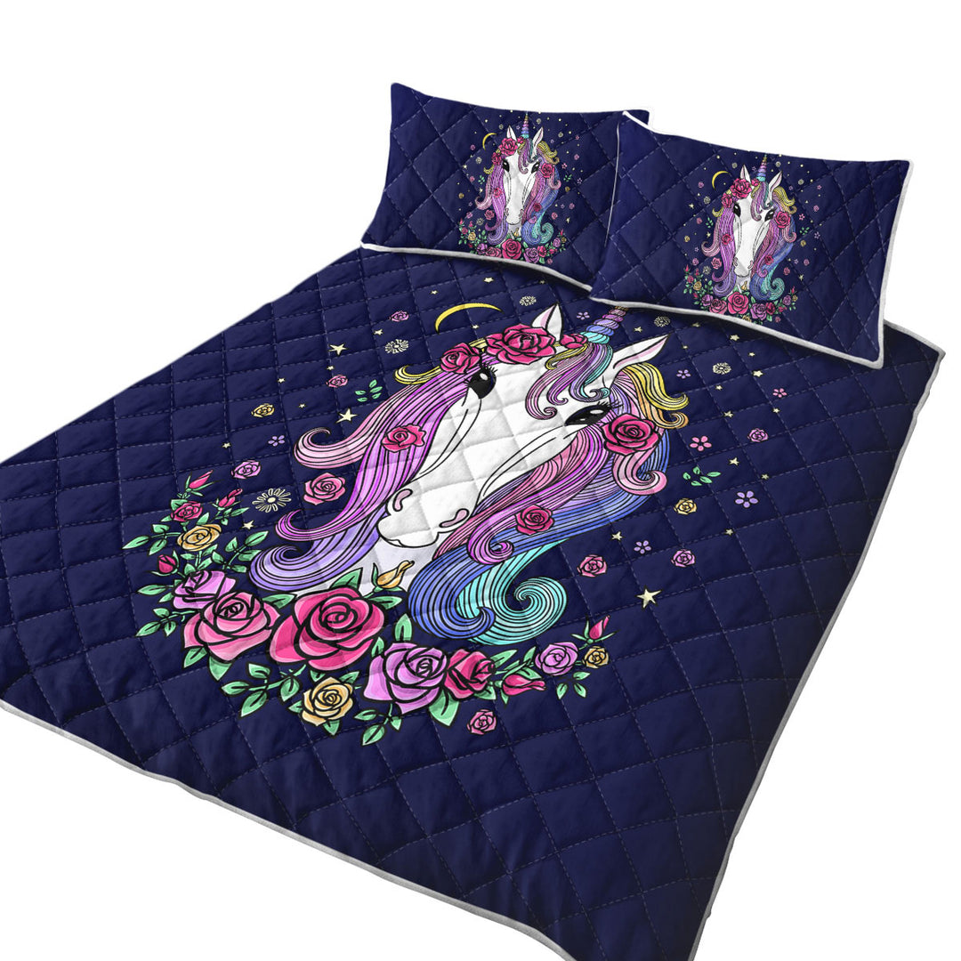 Quilt with Rainbow Haired Unicorn and Roses