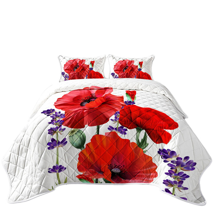 Quilt with Red Poppy and Purple Lavender Flowers