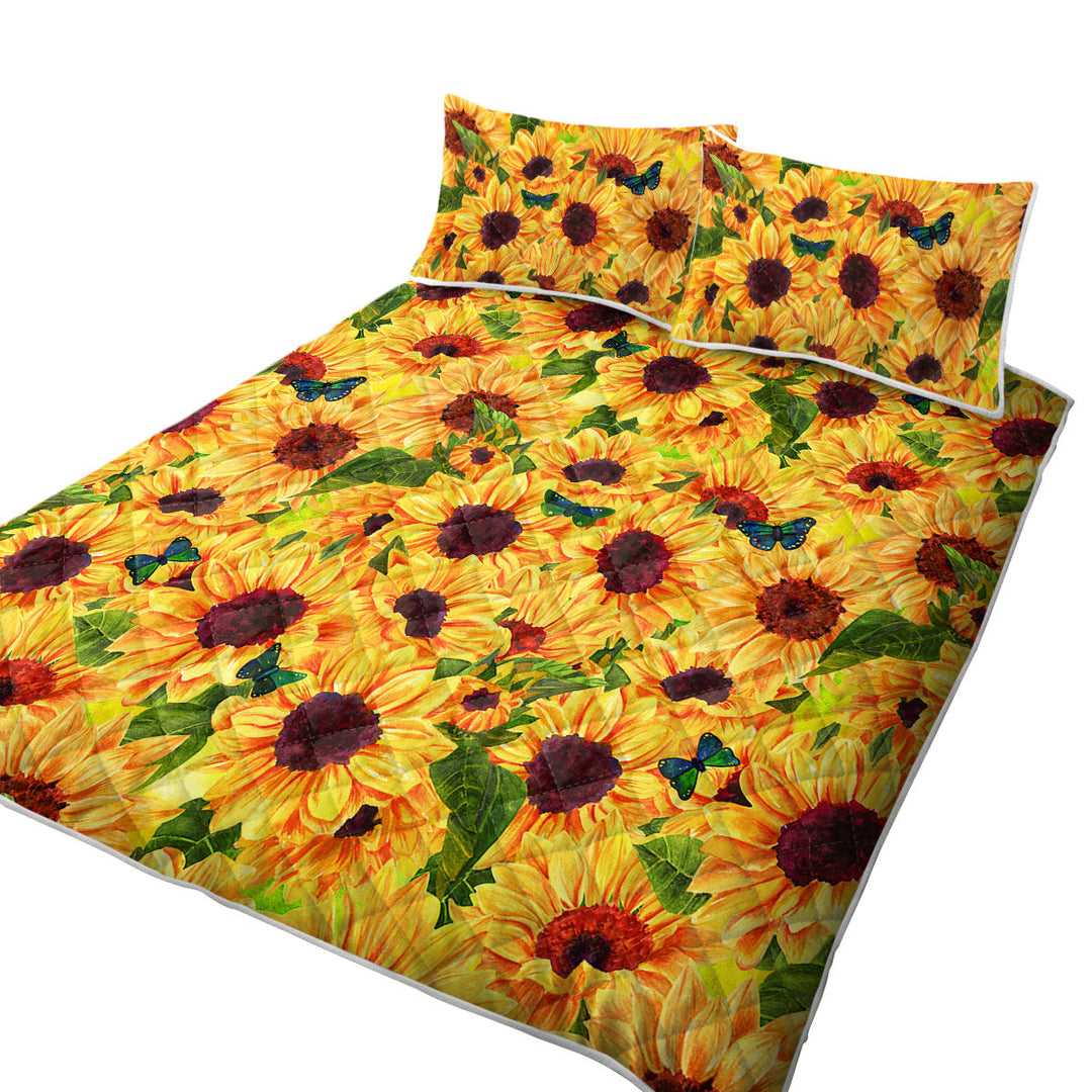 Quilt with Thick Sunflowers and Butterflies
