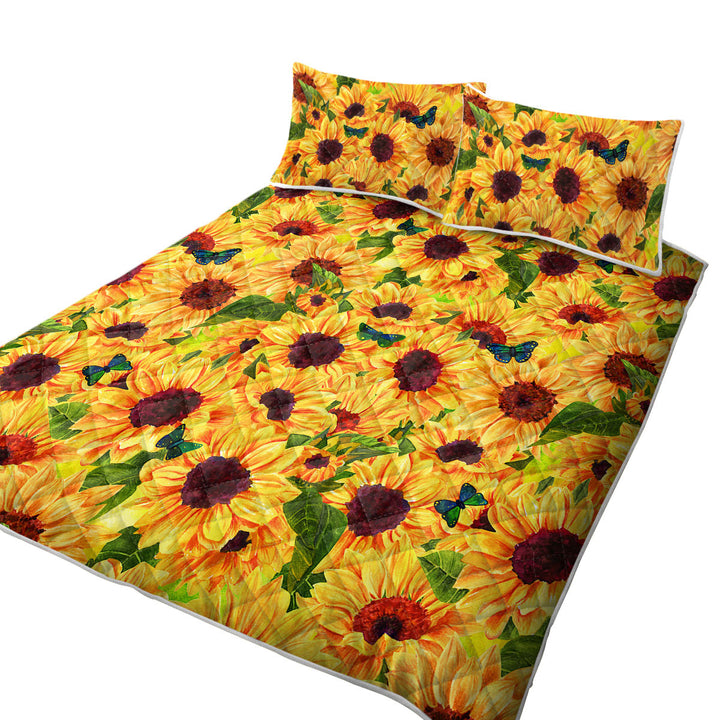 Quilt with Thick Sunflowers and Butterflies