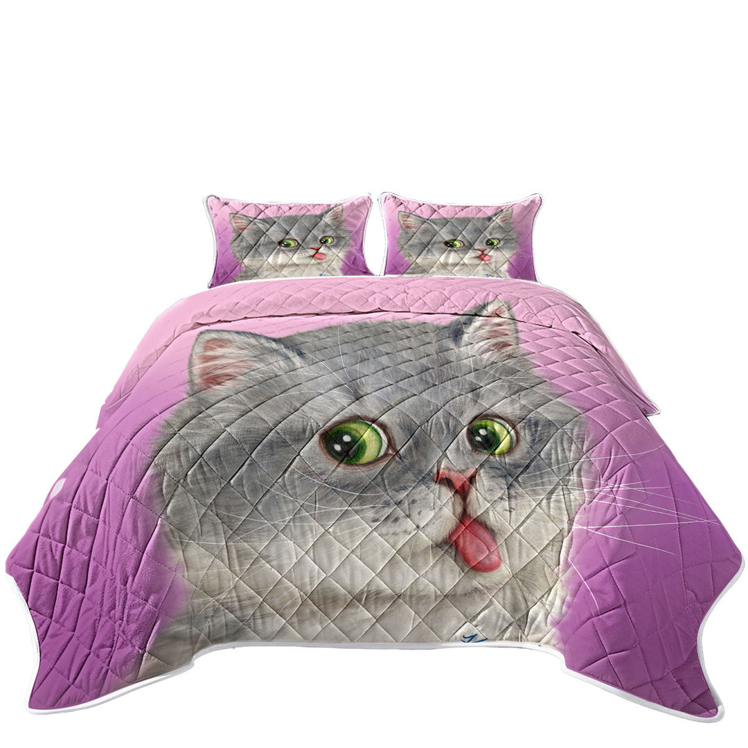 Quilt with Tongue Out Funny Face Grey Kitten Cat