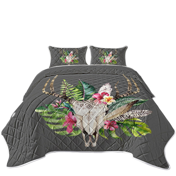 Quilt with Tropical Flowers and Leaves Deer Skull