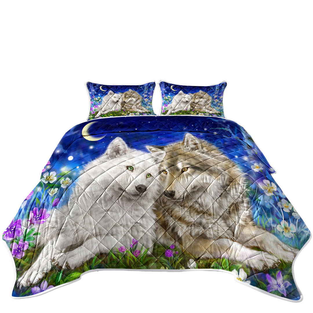 Quilt with Wolves Art Design Flowers and Love at Night