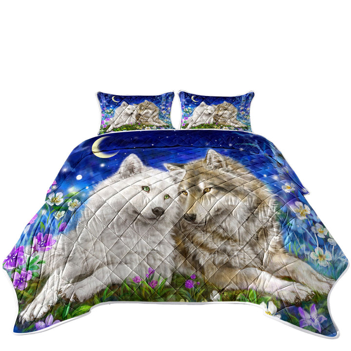 Quilt with Wolves Art Design Flowers and Love at Night