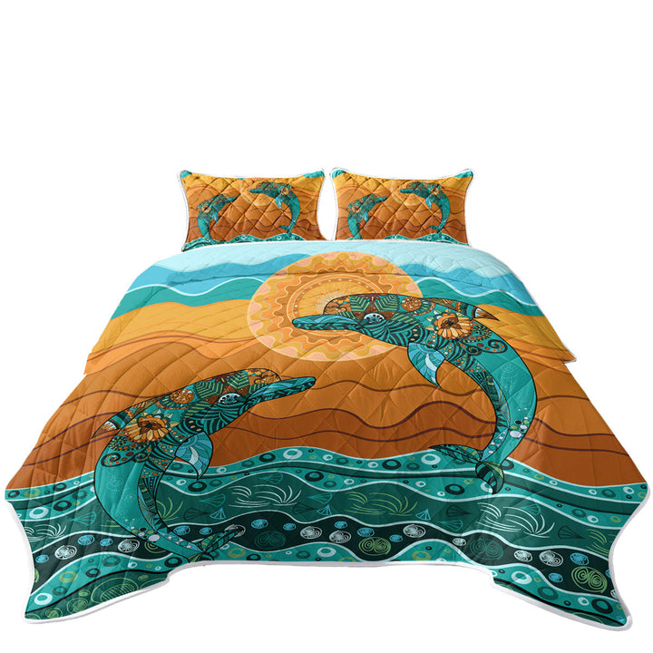Quilts for Beds with Artistic Ocean and Dolphins