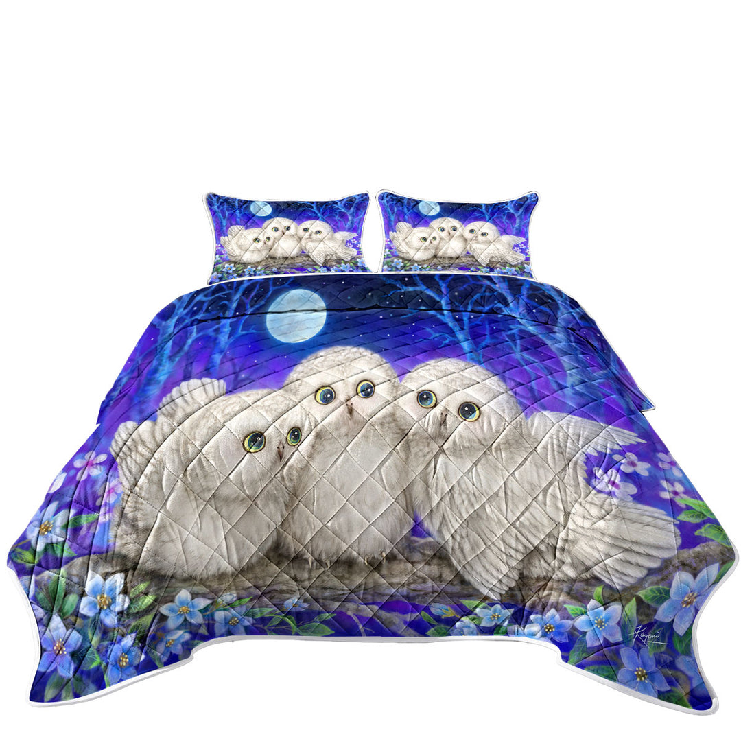 Quilts for Beds with Blue Purple Moonlight Forest Owl Triplets
